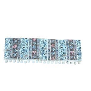 Handmade Pink Blue White Block Print Boho Floral Pom Pom Window Valance 34x11